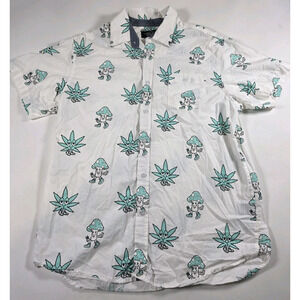 Eighty Eight Shirt Large White Shrooms Hemp Leave Print Short Sleeve button up